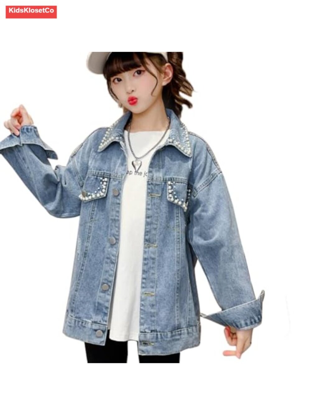 Girls Denim Jacket Oversized Trucker Button Down Pearl Design 5-14Y
